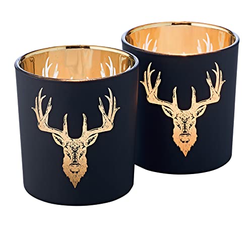 EDZARD 2er Set Teelichthalter Windlicht Lio (Höhe 8cm, ø 7cm) Hirsch-Motiv, außen matt schwarz/innen Gold von EDZARD