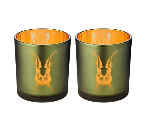 EDZARD 2er-Set Windlicht Teelichtglas Hase, außen grün/innen Gold, Hasen-Design, Höhe 8 cm, ø 7 cm von EDZARD