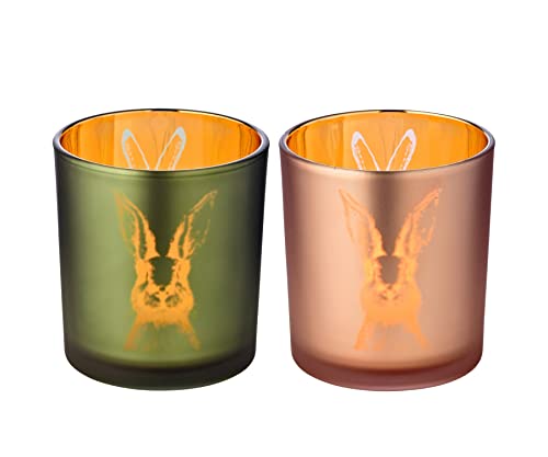 EDZARD 2er-Set Windlicht Teelichtglas Hase, grün/rosa, Hasen-Design, Höhe 8 cm, ø 7 cm von EDZARD