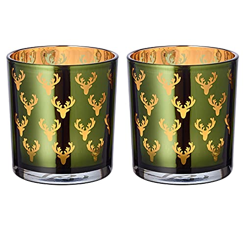 EDZARD 2er Set Windlicht Teelichtglas Kerzenglas Dirk, grün, Hirsch, Höhe 8 cm von EDZARD