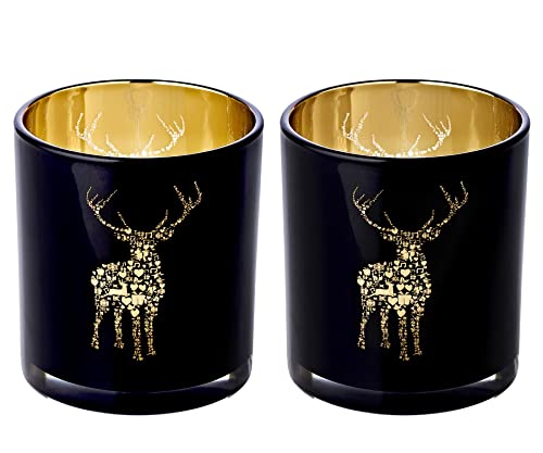 EDZARD 2er Set Teelichtglas Fancy, Höhe 8 cm, Durchmesser 7,5 cm, außen schwarz, innen Gold, Teelichthalter, Windlicht mit Hirsch-Motiv von EDZARD