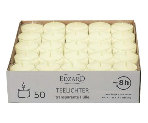 EDZARD 50 Teelichter, hellgelblicher Farbton (ø 38 mm, 8 Stunden Brenndauer) aus Paraffin, ohne Duft - Nightlights, Teelichte für Teelichtglas von EDZARD