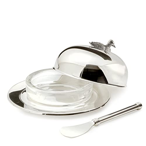 EDZARD Butterglocke Ente (Ø 14 cm) aus Silber & Glas - Butterdose & Buttermesser - Schale, Dose, Box für Butter -Butterdose mit Deckel, Aufbewahrung mit Deckel, verschließbare Box als Geschenk von EDZARD