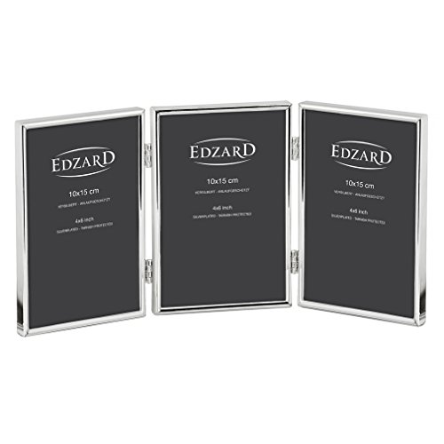 EDZARD Dreifach-Bilderrahmen Collage Genua für 3 Fotos 10 x 15 cm, Hochformat, edel versilbert, anlaufgeschützt, mit Samtrücken, Fotorahmen zum Stellen von EDZARD