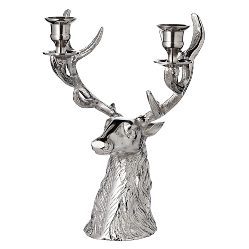 EDZARD Kerzenleuchter Hirsch (H 33 cm) in Silber-Optik - Kerzenhalter, Kerzenständer Silber für Stabkerzen - Deko Kerzen, Tischdeko, Silber Deko für Kerzen in Rentierfigur - als Geschenk von EDZARD