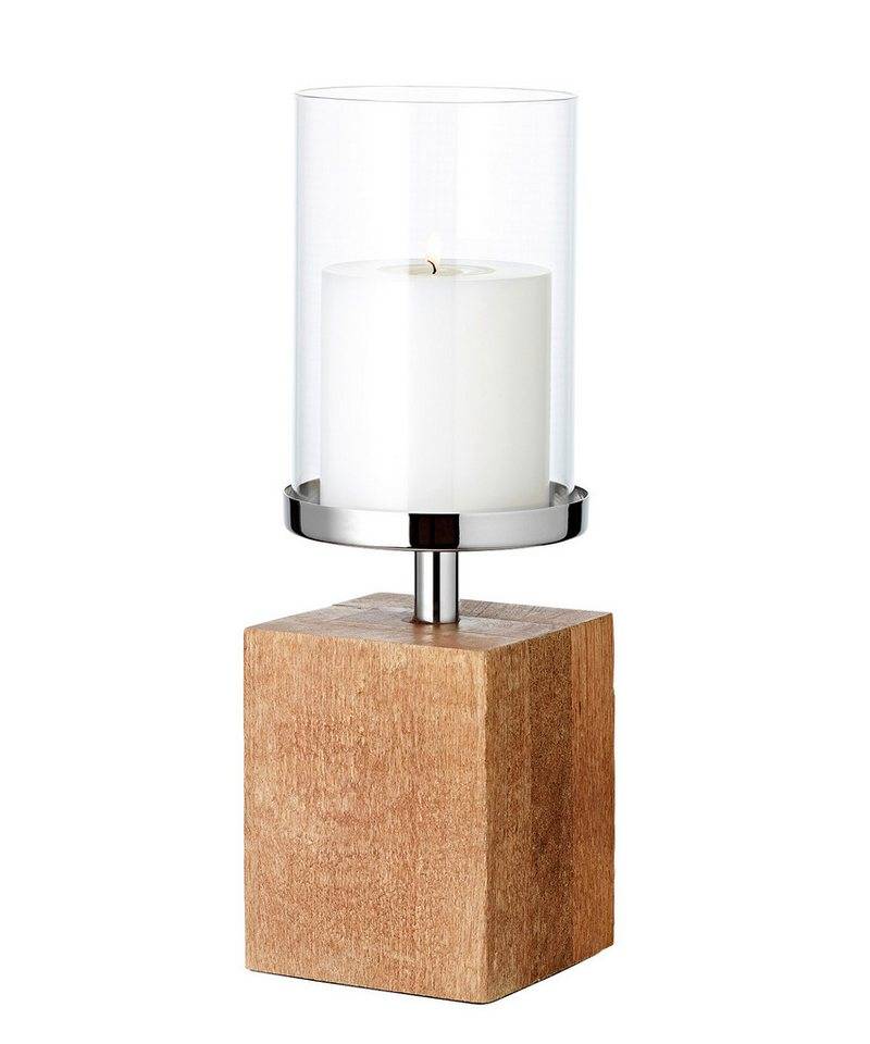 EDZARD Windlicht Meo, Silber-Optik, Sockel Echtholz, für Kerzen bis Ø 8 cm, H 16 cm von EDZARD