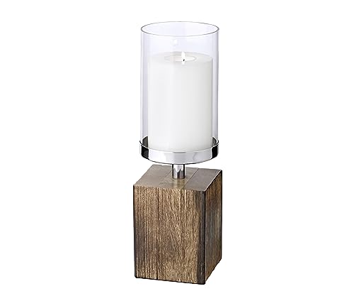 EDZARD Kerzenständer Windlicht Meo (Höhe 31 cm), Edelstahl vernickelt, Sockel Echtholz, für Kerzen bis ø 8 cm von EDZARD
