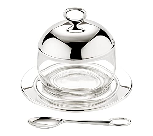 EDZARD Marmeladenglas Jago (Durchmesser 10 cm) edel versilbert, mit Löffel und Unterteller, Dose für Zucker, Honig, Konfitüre von EDZARD