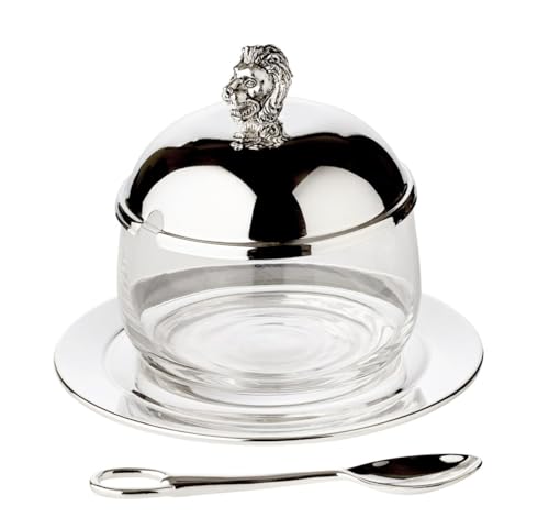 EDZARD Marmeladenglas Löwe (Durchmesser 10 cm) edel versilbert, mit Löffel und Unterteller, Dose für Zucker, Honig, Konfitüre von EDZARD