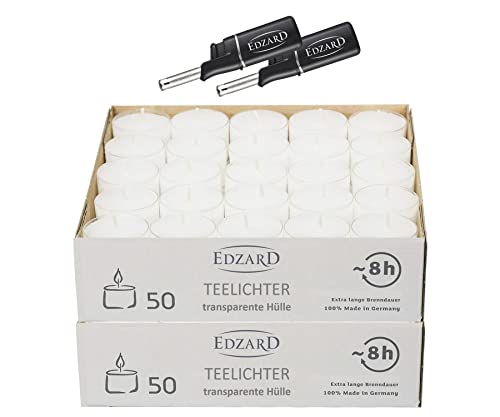 EDZARD Set 100 Teelichter (8 Stunden) weiß, aus Paraffin plus 2 Mini Feuerzeuge - Teelicht für Teelichter Glas, Nightlights Teelichter inkl. Anzünder - Kerzen & Teelichter von EDZARD