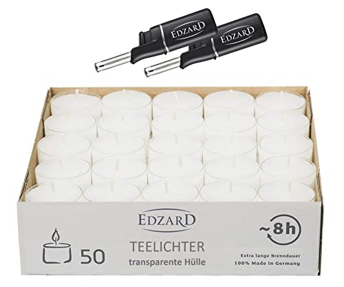 EDZARD Set 50 Teelichter (8 Stunden) weiß, ohne Duft - Plus 2 Mini-Stabfeuerzeuge - Teelichtkerzen für Teelichtglas, Laterne, Stövchen von EDZARD