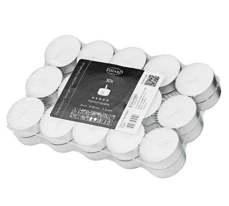 EDZARD Teelicht Teelichter 30 Stück (Set), Kerzen-Set aus Premium Wachs mit Alu-Cup, Wachskerze ohne Duft von EDZARD