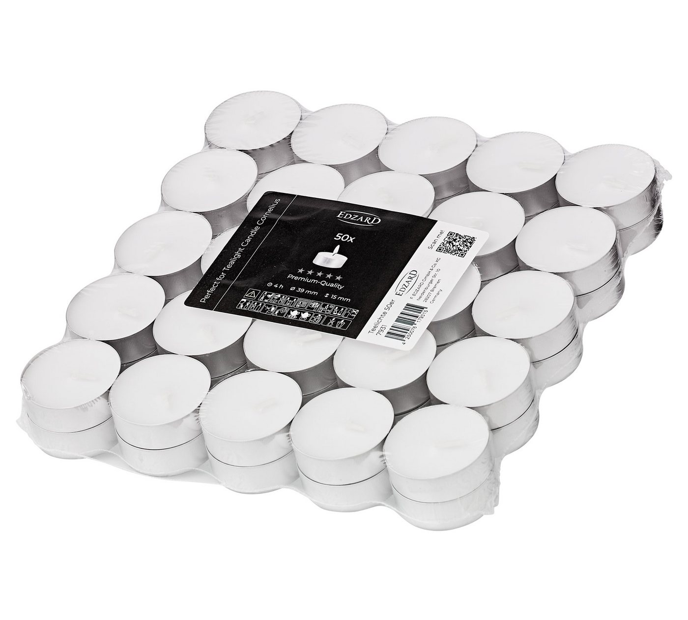 EDZARD Teelicht Teelichter 50 Stück (Set), Kerzen-Set aus Premium Wachs mit Alu-Cup, Wachskerze ohne Duft von EDZARD