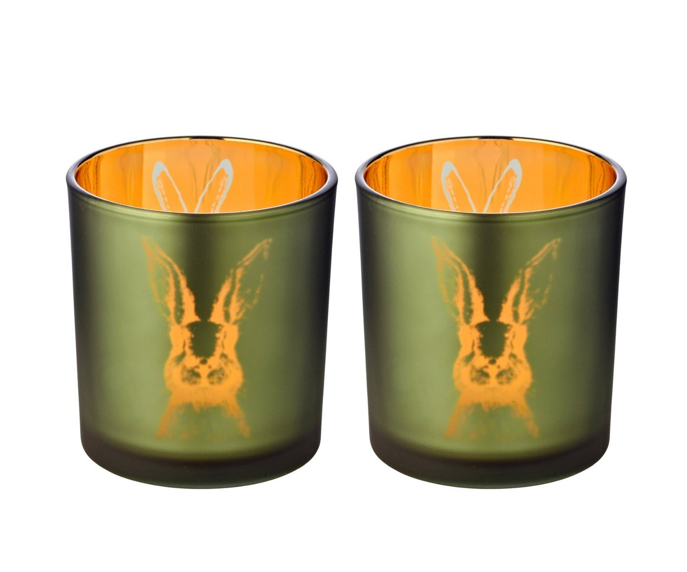 EDZARD Windlicht Hase, 2er-Set, Glas, Hasen-Motiv, grün und gold, H 8 cm, Ø 7 cm von EDZARD