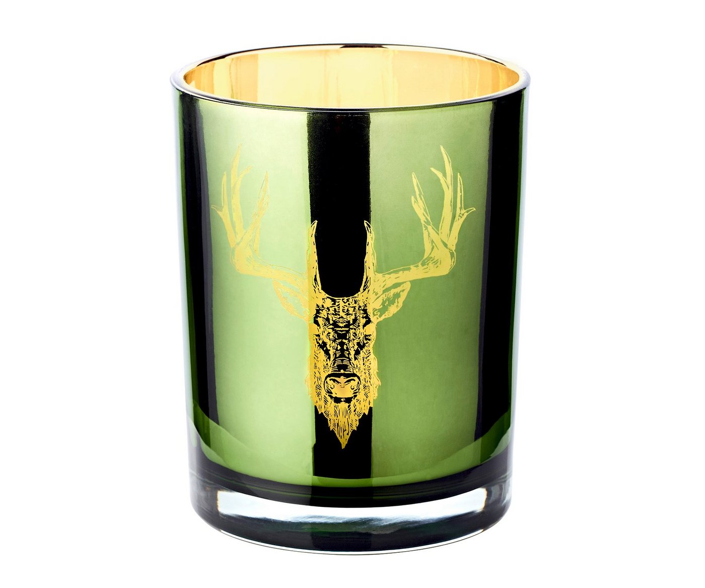 EDZARD Windlicht Ted, Glas, Hirsch-Motiv, grün und gold, H 13 cm, Ø 10 cm von EDZARD