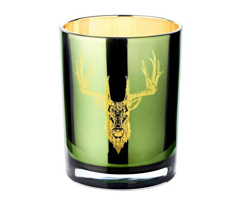 EDZARD Windlicht Ted, Glas, Hirsch-Motiv, grün und gold, H 13 cm, Ø 10 cm von EDZARD