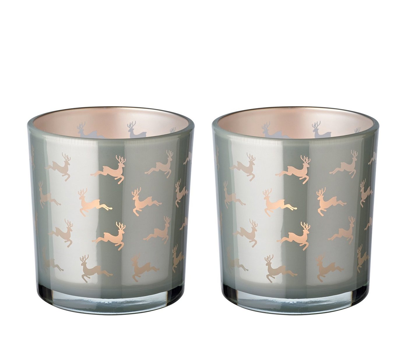 EDZARD Teelichthalter Hiti (2er, Set), Höhe 8 cm, Ø 7 cm, Windlicht, Teelichtglas mit Rentier-Motiv in Grau von EDZARD