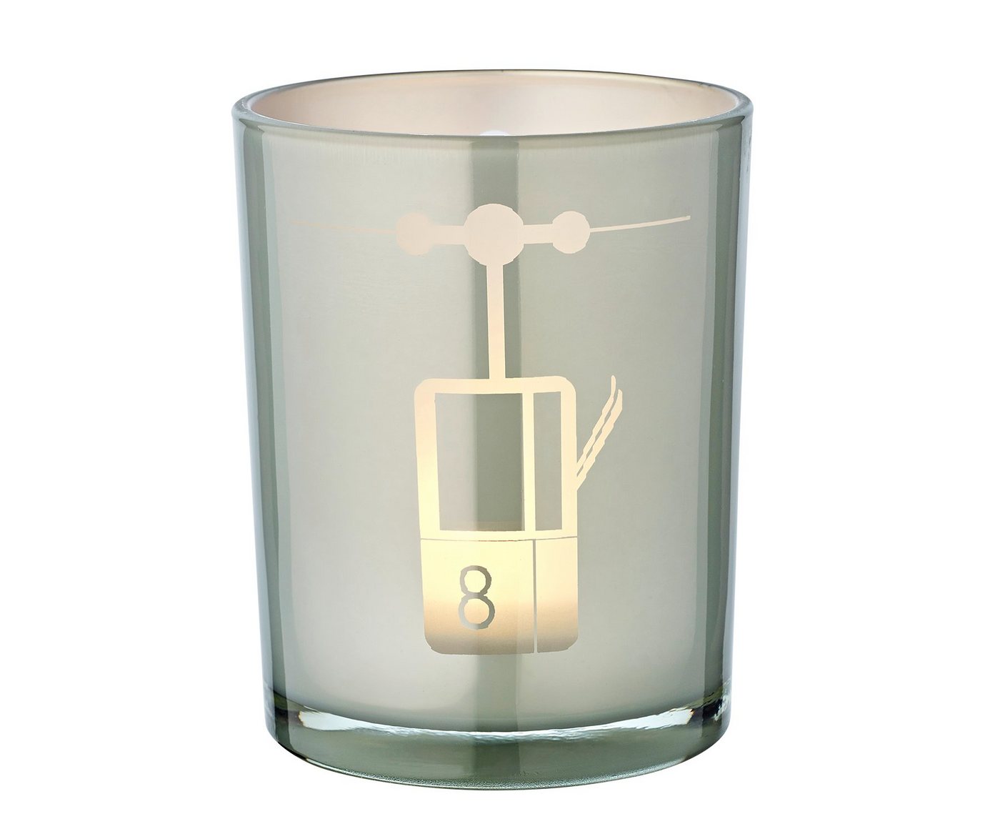 EDZARD Windlicht Lift, Windlicht, Kerzenglas mit Lift-Motiv in Grau-Weiß, Teelichtglas für Teelichter, Höhe 13 cm, Ø 10 cm von EDZARD