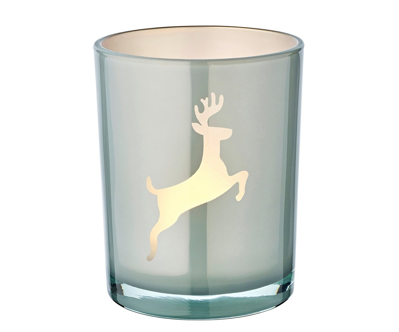 EDZARD Windlicht Loki right, Windlicht, Kerzenglas mit Rentier-Motiv in Grau-Weiß, Teelichtglas für Teelichter, Höhe 13 cm, Ø 10 cm von EDZARD