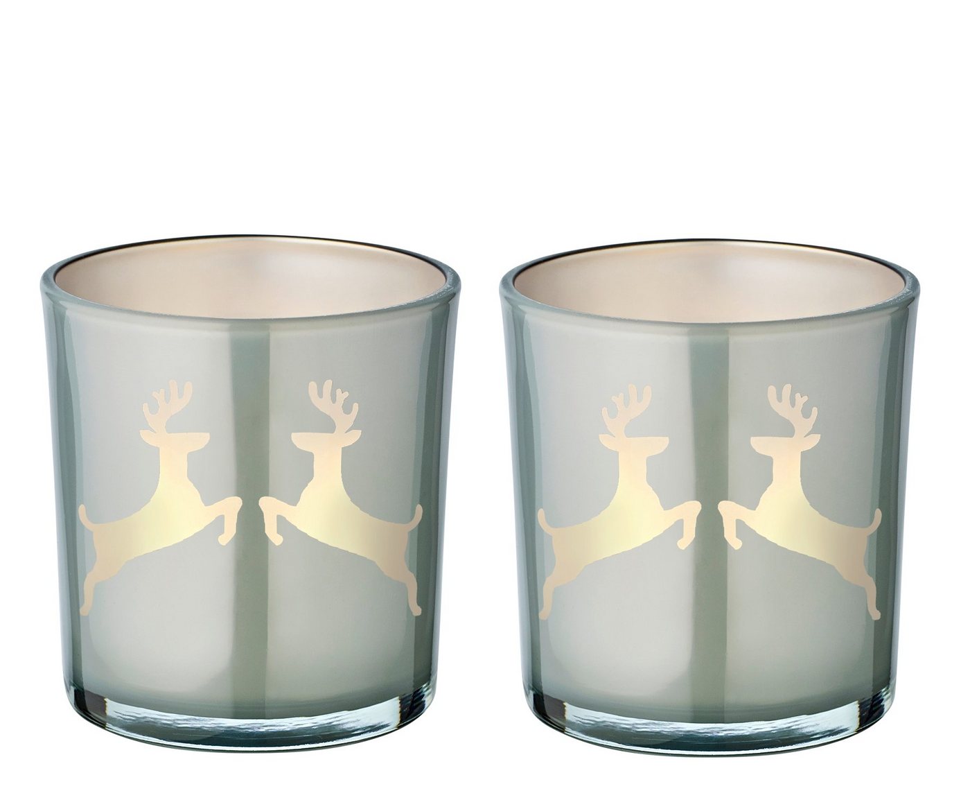 EDZARD Windlicht Loki (Set, 2er), Höhe 8 cm, Ø 7,5 cm, Windlicht, Kerzenglas mit Rentier-Motiv in Grau, Teelichtglas für Teelichter von EDZARD