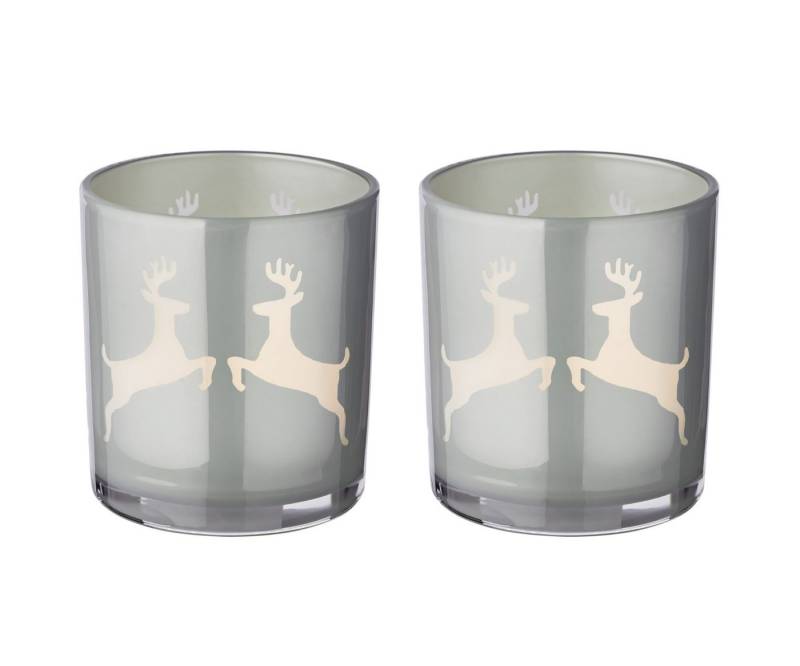 EDZARD Windlicht Loki, 2er-Set, Glas, Hirsch-Motiv, grau, H 8 cm, Ø 7 cm von EDZARD