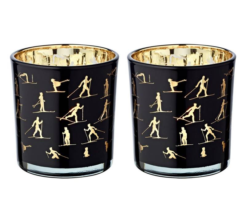 EDZARD Windlicht Monty, 2er-Set, Glas, Ski-Motiv, schwarz und gold, H 8 cm, Ø 7 cm von EDZARD