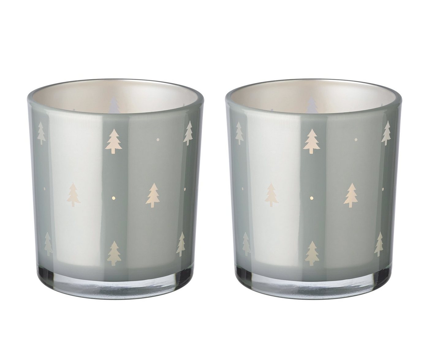 EDZARD Teelichthalter Tani (2er, Set), Höhe 8 cm, Ø 7 cm, Windlicht, Teelichtglas mit Tannen-Motiv in Grau von EDZARD