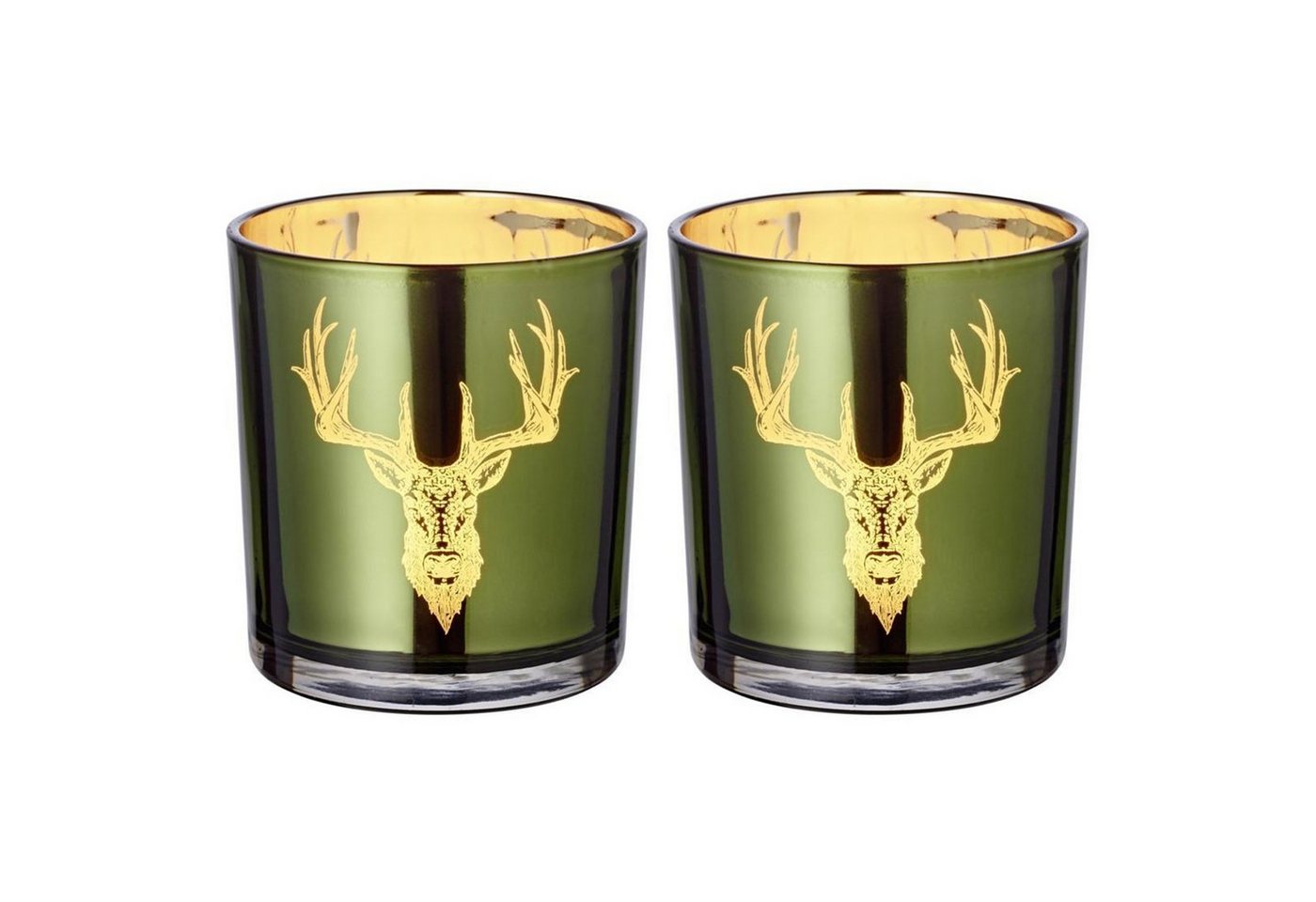 EDZARD Windlicht Ted, Glas, Hirsch-Motiv, grün und gold, H 8 cm, Ø 7 cm von EDZARD