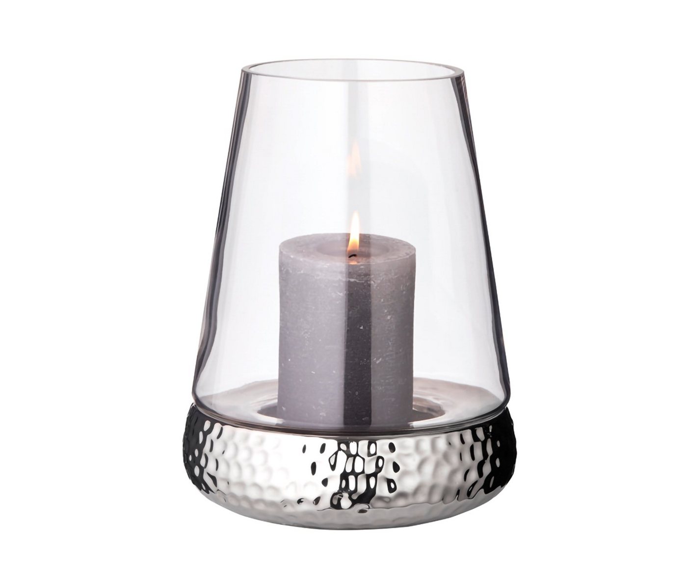 EDZARD Windlicht Bora, Kerzenhalter aus Glas mit gehämmerter Silber-Optik, Laterne für Stumpenkerzen, Höhe 28 cm, Ø 18 cm von EDZARD