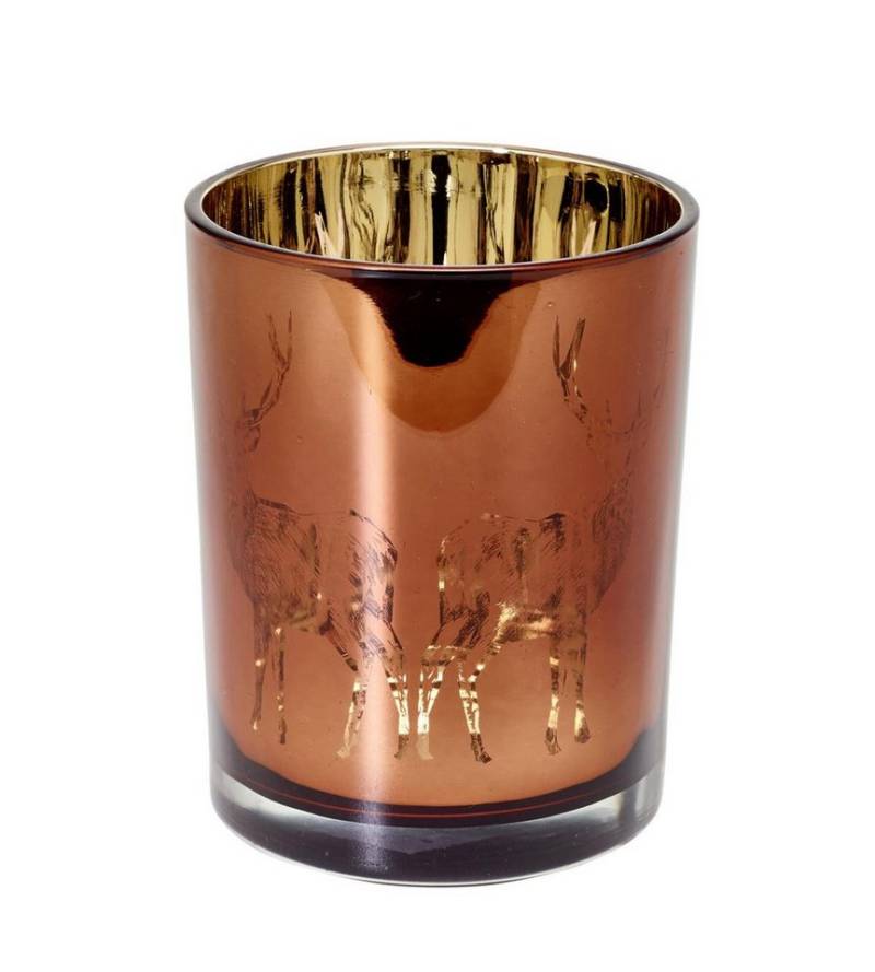 EDZARD Windlicht Dian, Glas, Hirsch-Motiv, kupferfarben, H 12,5 cm, Ø 10 cm von EDZARD