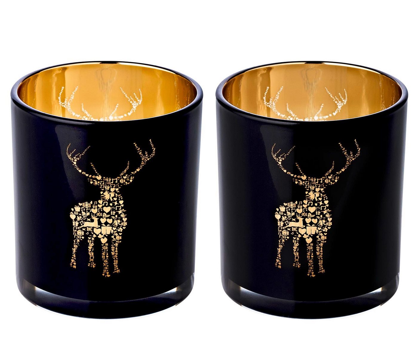 EDZARD Windlicht Fancy, 2er-Set, Glas, Hirsch-Motiv, schwarz und gold, H 8 cm, Ø 7 cm von EDZARD