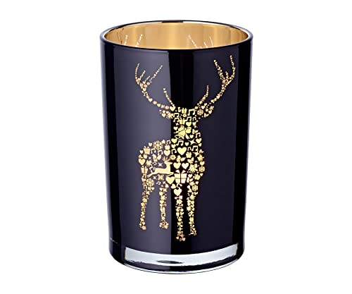 EDZARD Teelichtglas Fancy, Höhe 18 cm, Durchmesser 12 cm, außen schwarz, innen Gold, Teelichthalter, Windlicht mit Hirsch-Motiv von EDZARD