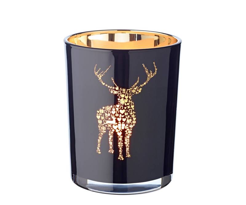 EDZARD Windlicht Fancy, Glas, Hirsch-Motiv, schwarz und gold, H 13 cm, Ø 10 cm von EDZARD