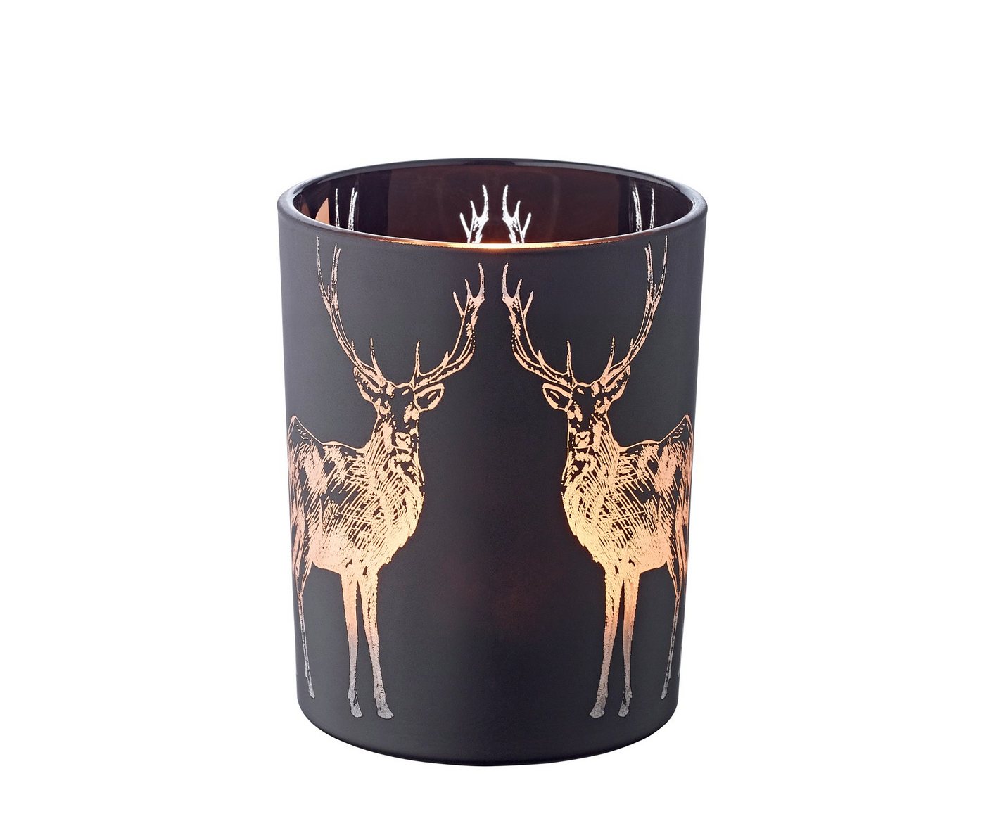 EDZARD Windlicht Tiu, Höhe 13 cm, Ø 10 cm, Kerzenglas mit Hirsch-Motiv in Gold-Optik, Teelichtglas im zeitlosen Design von EDZARD