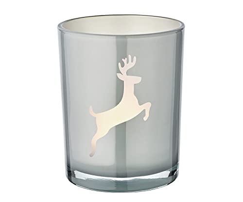 EDZARD Teelichtglas Loki Right (Höhe 13 cm, Durchmesser 10 cm) grau/Gold, Windlicht mit Hirsch-Motiv von EDZARD