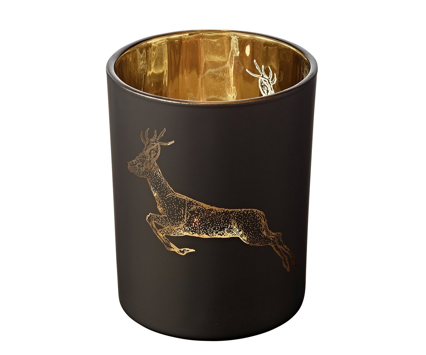 EDZARD Windlicht Sammy, Glas, Hirsch-Motiv, schwarz und gold, H 13 cm, Ø 10 cm von EDZARD