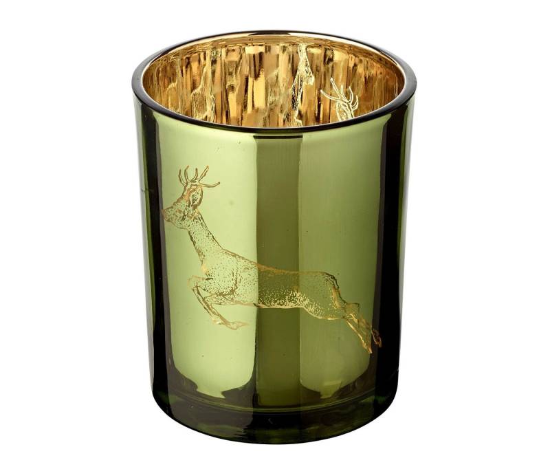EDZARD Windlicht Sammy, Glas, Hirsch-Motiv, grün und gold, H 13 cm, Ø 10 cm von EDZARD