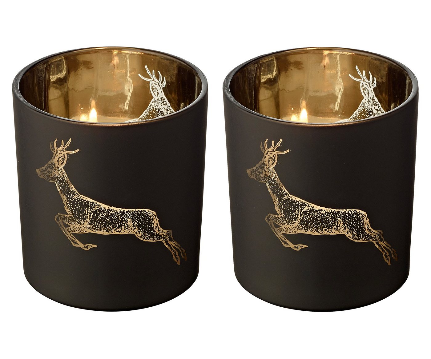 EDZARD Windlicht Sammy, Kerzenglas-Set für Teelichter mit Hirsch-Motiv in Gold-Optik, Kerzenhalter für Teelicht und Maxi-Teelicht, Höhe 8 cm, Ø 7 cm von EDZARD