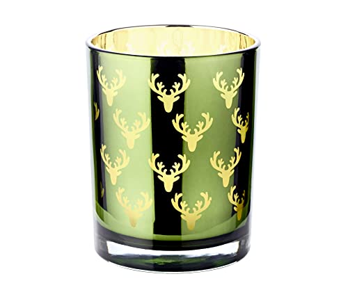 EDZARD Windlicht Teelichtglas Dirk, außen grün, innen Gold, Hirsch-Design, Höhe 13 cm, Ø 10 cm von EDZARD