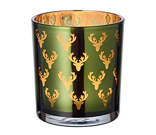 EDZARD Windlicht Teelichtglas Dirk, außen grün, innen Gold, Hirsch-Design, Höhe 8 cm, Ø 7 cm von EDZARD