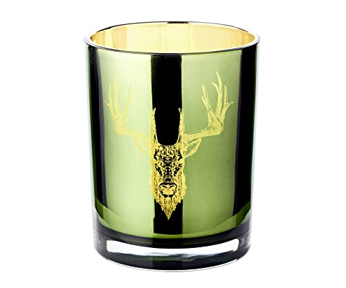 EDZARD Teelichtglas Ted, Höhe 13 cm, Durchmesser 10 cm, außen grün, innen Gold, Windlicht im Hirsch-Design von EDZARD