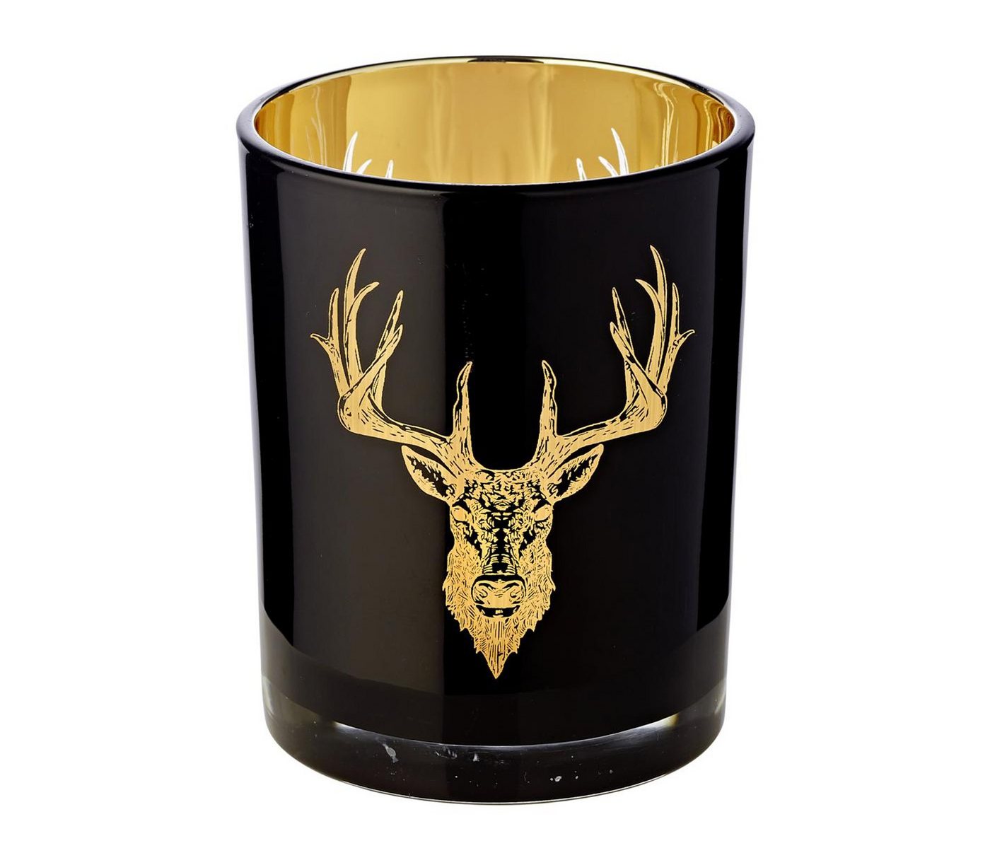 EDZARD Windlicht Tom, Kerzenglas mit Hirsch-Motiv in Gold-Optik, Höhe 13 cm, Ø 10 cm von EDZARD