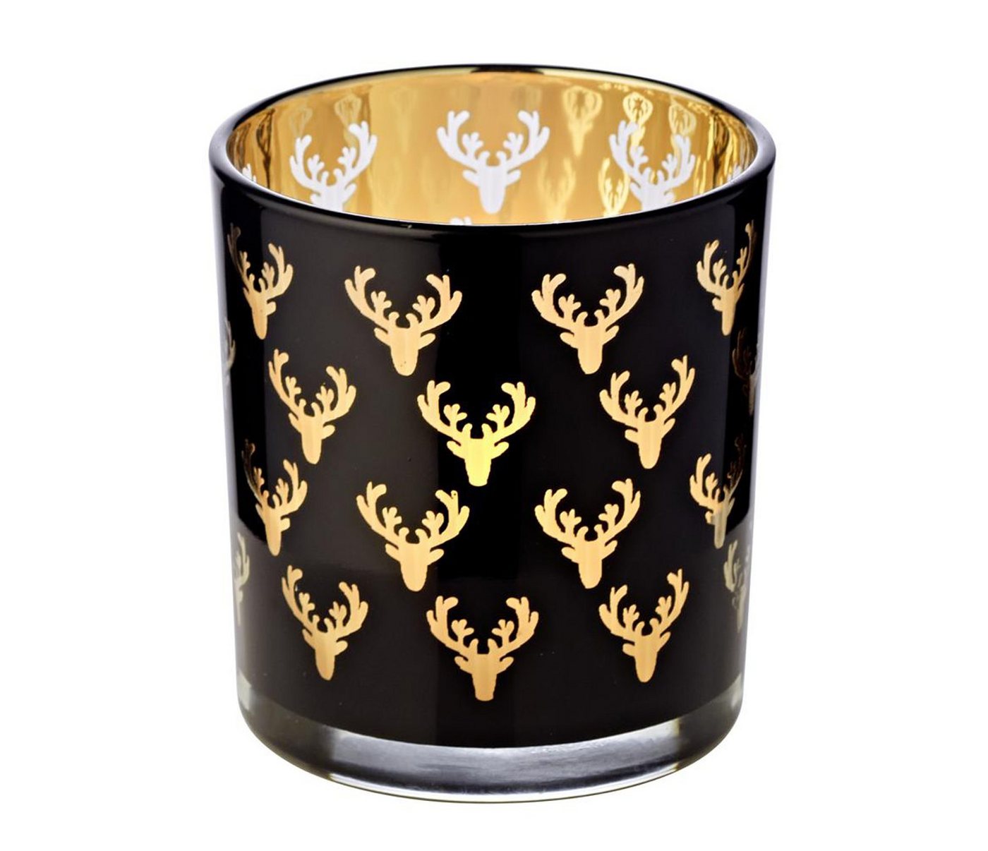 EDZARD Windlicht Ben, Kerzenglas mit Hirsch-Motiv in Gold-Optik, Teelichtglas für Teelichter, Höhe 8 cm, Ø 7 cm von EDZARD