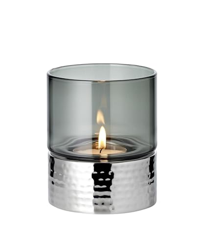 EDZARD Windlicht Cosmo (Höhe 13 cm), Dunkles Glas, Edelstahl gehämmert hochglanzpoliert, perfekt für Maxi-Teelicht von EDZARD