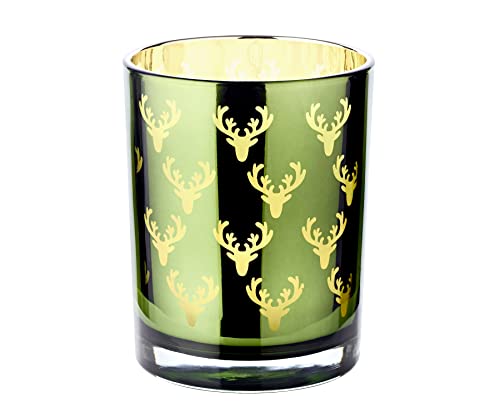 EDZARD Windlicht Teelichtglas Dirk, außen grün, innen Gold, Hirsch-Design, Höhe 13 cm, Ø 10 cm von EDZARD