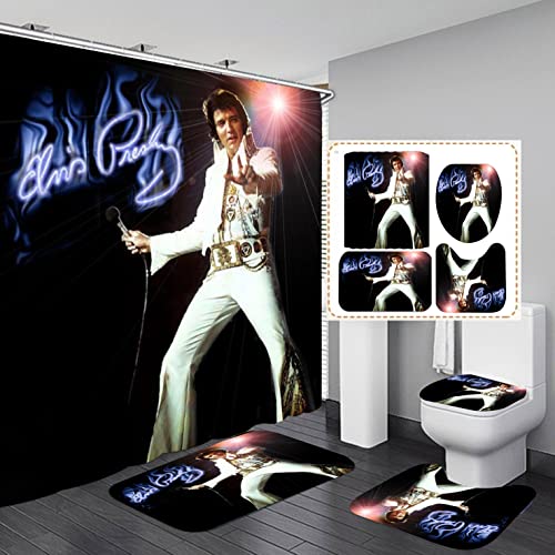 Elvis Badezimmer 4-teiliges Set Duschvorhang, WC-Deckelbezug und Badematte, rutschfeste Teppiche, langlebig und wasserdicht, für Badezimmer-Dekor-Set, 182,9 x 182,9 cm von EDecor