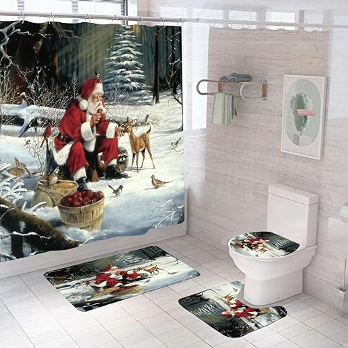 Weihnachtsmann-Badezimmer-Set, 4-teiliges Set, Duschvorhang, WC-Deckelbezug und Badematte, rutschfeste Teppiche, langlebig und wasserdicht, für Badezimmer-Dekor-Set, 182,9 x 182,9 cm Weihnachtsmann-Badezimmer-Set, 4-teiliges Set, Duschvorhang, WC-Deckelbezug und Badematte, rutschfeste Teppiche, langlebig und wasserdicht, für Badezimmer-Dekor-Set, 182,9 x 182,9 cm von EDecor