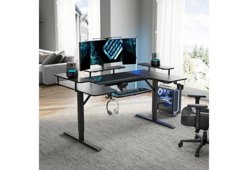 EE EUREKA ERGONOMIC Computertisch Höhenverstellbarer Schreibtisch Elektrisch, Gaming Tisch Große (Computertisch mit 3 LED Monitorständern, 190×110 cm U-förmiger Stehpulte), Eckschreibtisch Höhenverstellbar mit Tastaturablage von EE EUREKA ERGONOMIC