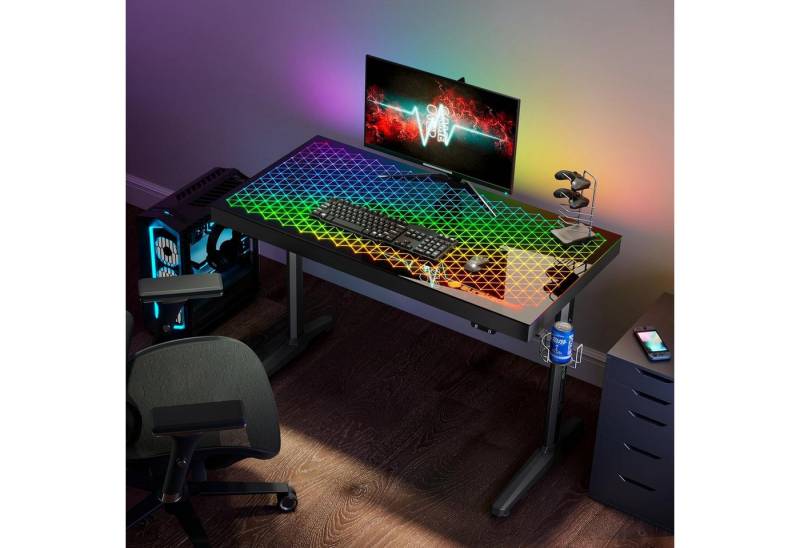 EE EUREKA ERGONOMIC Gamingtisch Höhenverstellbarer Glas Schreibtisch mit RGB 110X60 cm, MAX. Load:90kg (Packung, 1-St., Modern Gaming Tisch), mit Musik Sync, APP Steuerung, Kopfhörerhaken, Getränkehalter, Mauspad von EE EUREKA ERGONOMIC