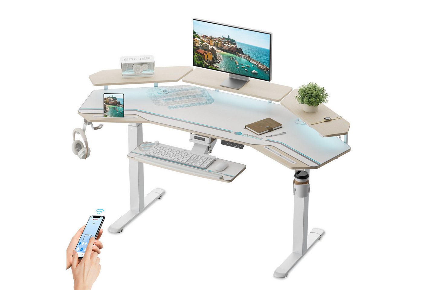 EE EUREKA ERGONOMIC Schreibtisch Elektrischer Großer Ergonomischer Stehschreibtisch, Höhenverstellbarer (1-St., Anti-Kollisions-system, 4 Höhen-Speicherpositionen, mit Tastaturablage), MAX. Load: 100kg, Höhe 75-122 cm Flügelförmiger Gaming-Schreibtisch von EE EUREKA ERGONOMIC